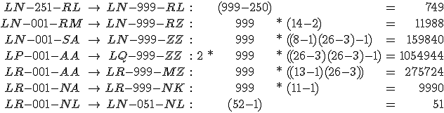 
 \\ \array{ccccrccclcr$
 \\ LN-251-RL & \rightarrow & LN-999-RL & : & & & (999-250) & & & = & 749 \\
 \\ LN-001-RM & \rightarrow & LN-999-RZ & : & & & 999 & * & (14-2) & = & 11 988 \\
 \\ LN-001-SA & \rightarrow & LN-999-ZZ & : & & & 999 & * & ((8-1)(26-3)-1) & = & 159 840 \\
 \\ LP-001-AA & \rightarrow & LQ-999-ZZ & : & 2 & * & 999 & * & ((26-3)(26-3)-1) & = & 1 054 944 \\
 \\ LR-001-AA & \rightarrow & LR-999-MZ & : & & & 999 & * & ((13-1)(26-3)) & = & 275 724 \\
 \\ LR-001-NA & \rightarrow & LR-999-NK & : & & & 999 & * & (11-1) & = & 9 990 \\
 \\ LR-001-NL & \rightarrow & LN-051-NL & : & & & (52 - 1) & & & = & 51
 \\ }
 \\ 